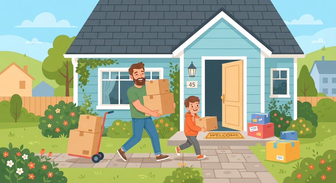 Illustration av en familj som flyttar med kartonger utanför ett hus