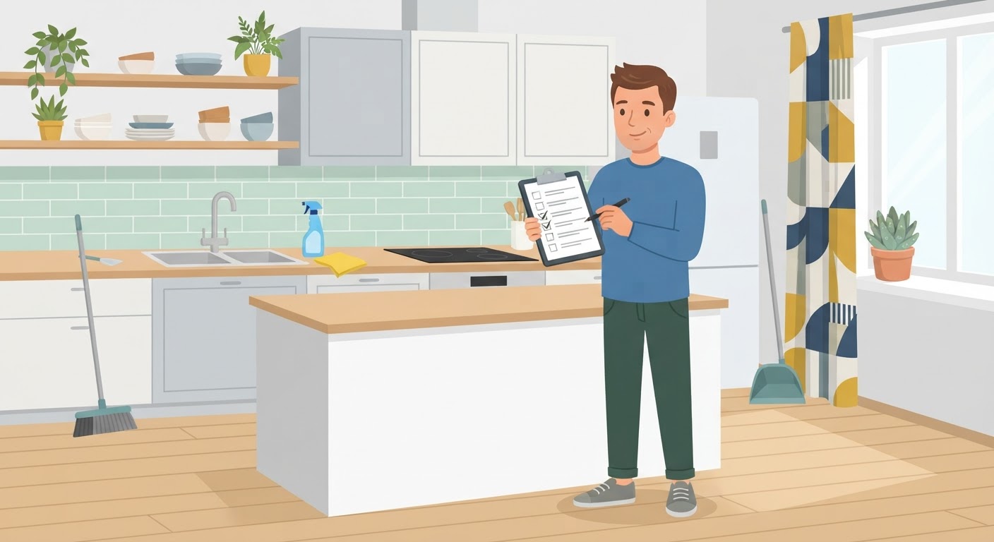 Illustration av flyttstädning av en lägenhet med städperson och checklist
