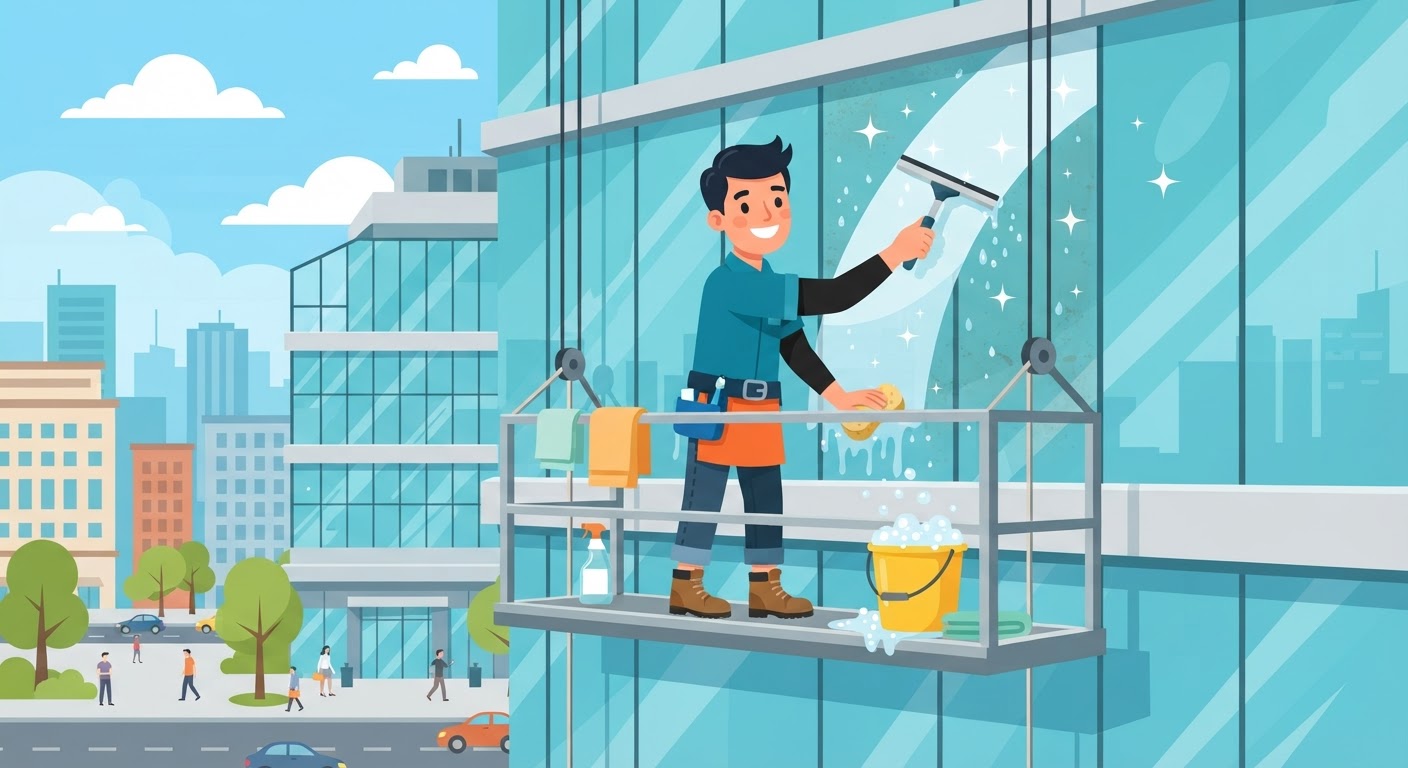 Illustration av fönsterputs med rakblad och spray