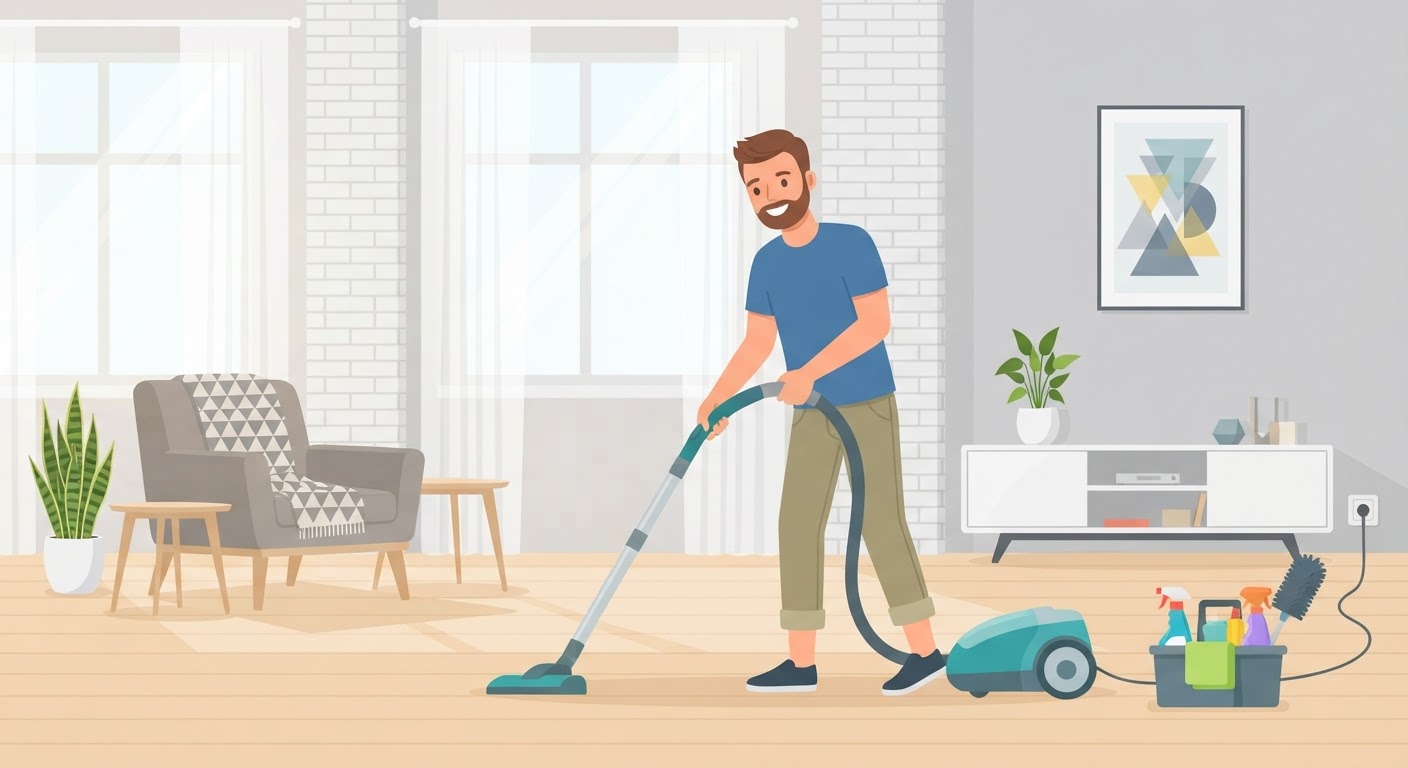 Illustration av hemstädning med dammsugare och städprodukter