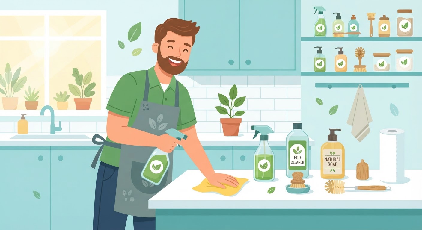 Illustration av miljövänliga städprodukter med gröna blad